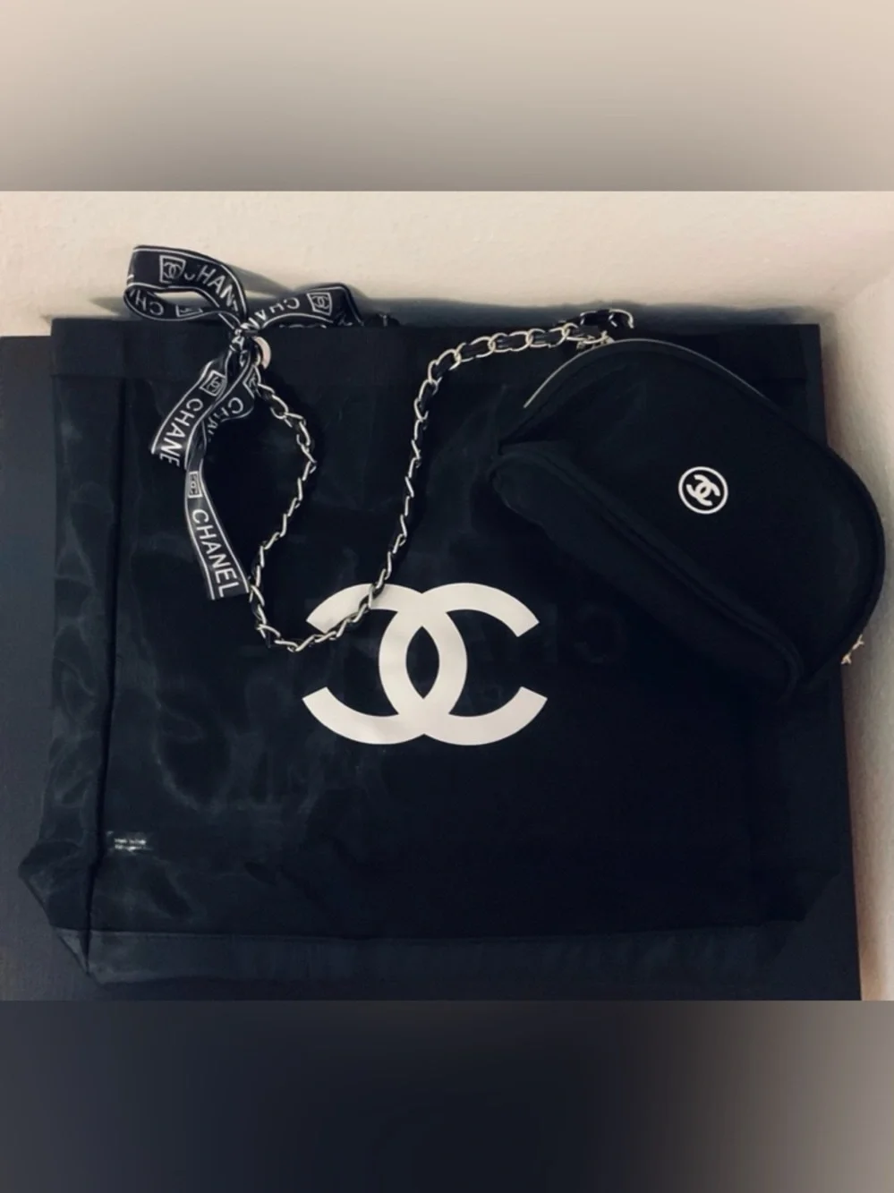 CHANEL Black Mesh Tote with White Logo and Matching Black Pouch - Picture 2 of 4